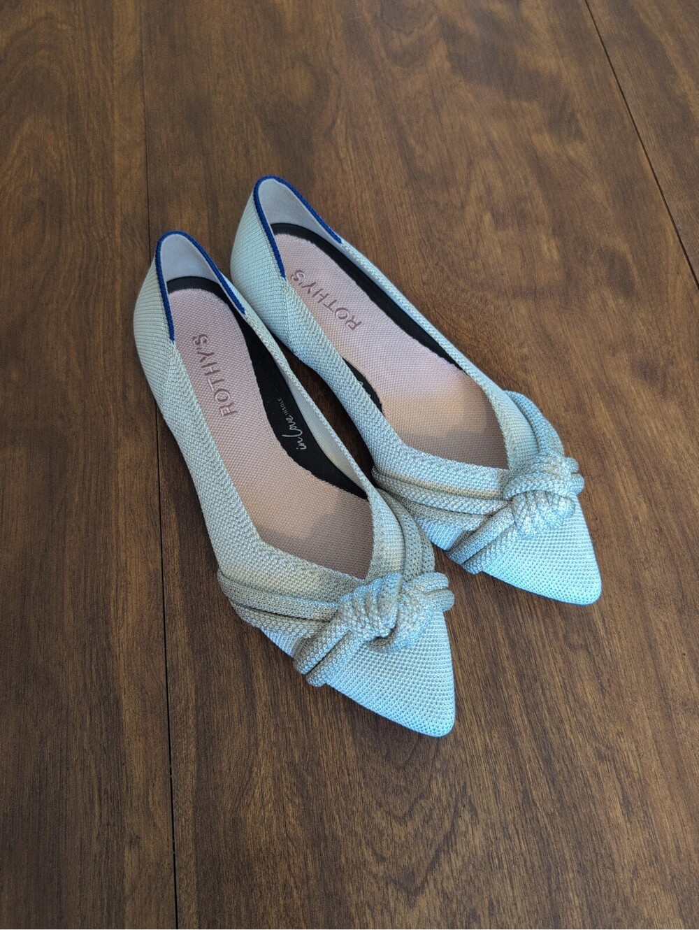 Rothy's The Knot Point Ecru Bow Metallic Diamond Ballet Flats 6.5 Minimalist